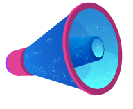 Colorful stylized megaphone with blue and purple hues and decorative elements.