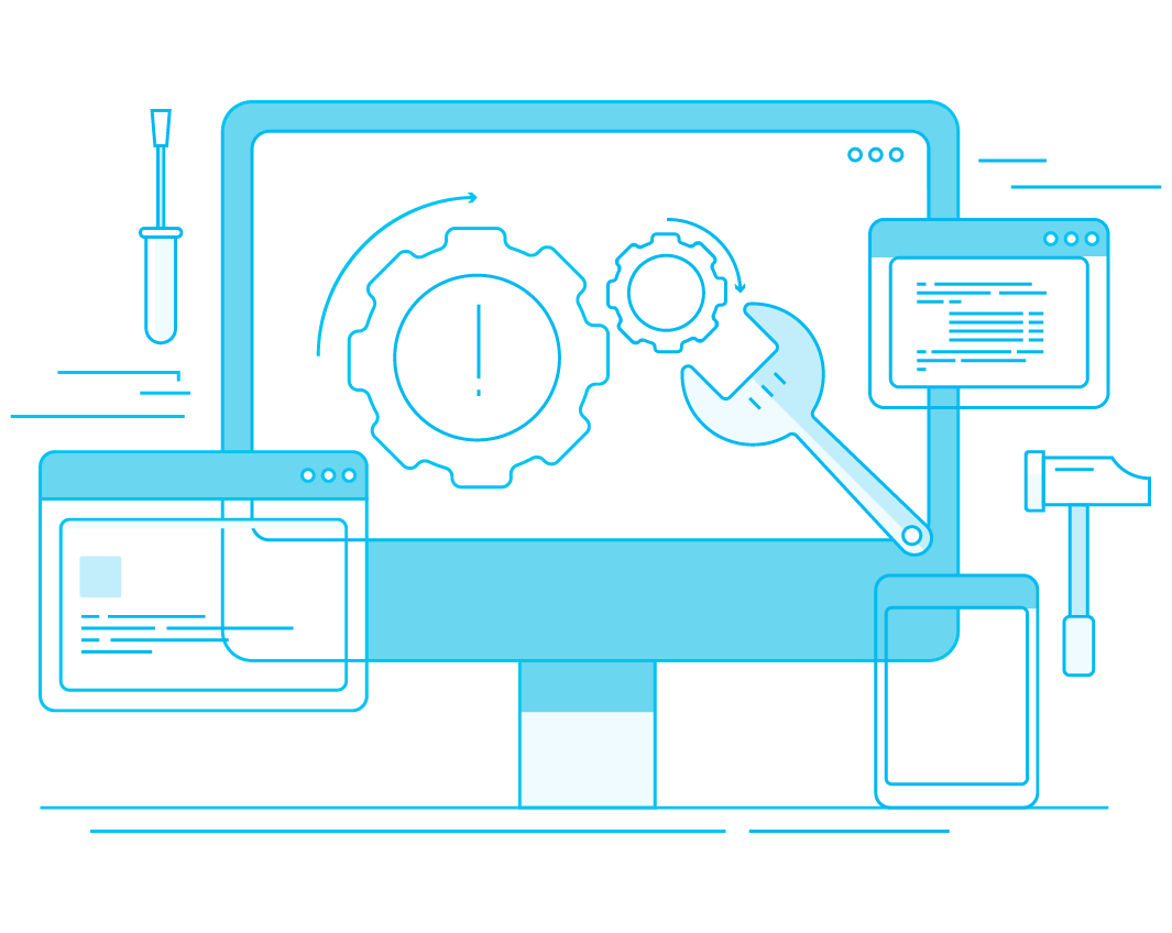 Stylized illustration of tech devices and tools representing digital maintenance or development.