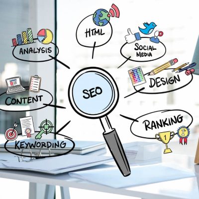 Illustration of SEO concept with icons for analysis, HTML, social media, design, content, and ranking on office background.